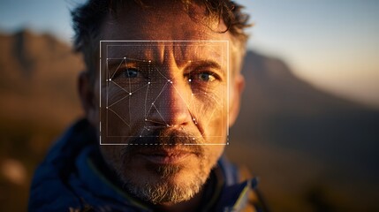 Man with face recognition technology overlay in outdoor setting with mountains in the background