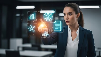 Businesswoman interacting with virtual interface for data analysis and planning.