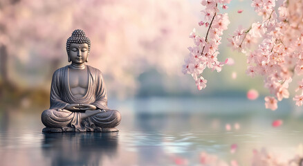 Serene White Buddha Statue Amidst Pink Blossoms: 3D Rendered Image	
