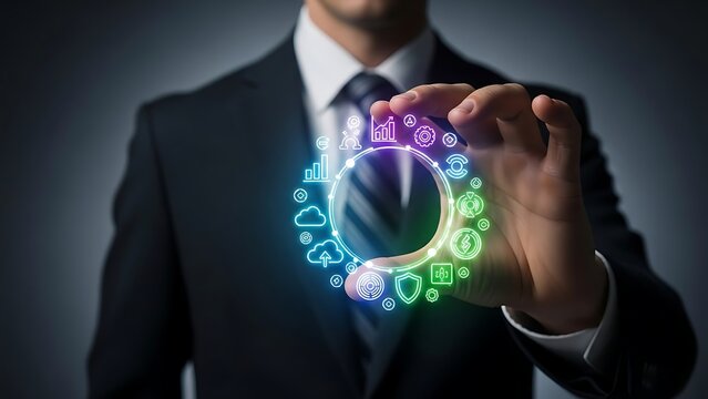 Businessman holding holographic ring of digital business icons and global data.