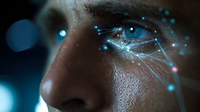 Close up of a person's face with blue eyes and digital connections over their skin and eye area