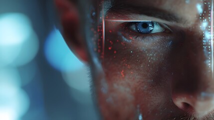 Close up of a man's face with digital overlay and light reflecting in his blue eyes and skin detail