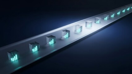 Progressive digital data signal flowing through glowing transparent cubes.