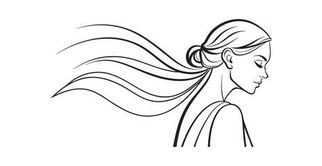 Elegant sketch of a woman s profile with long flowing hair blowing in the wind