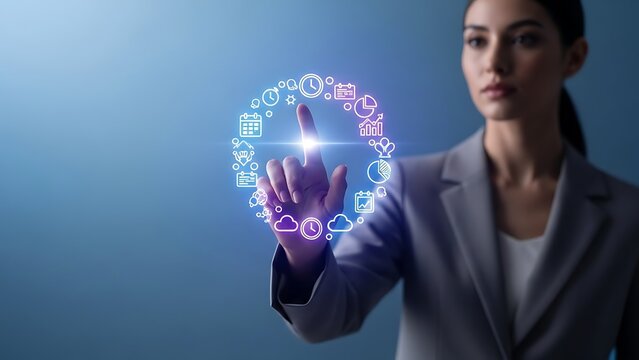 Businesswoman interacts with virtual data interface, managing tasks and innovation.