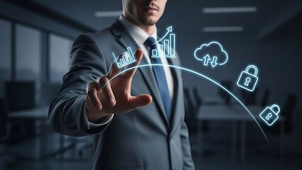 Businessman touching virtual screen with data, cloud computing, and security icons.