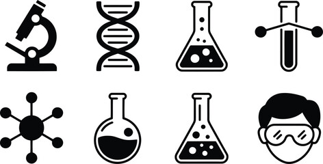 Essential collection of black icons representing scientific research tools and fundamental biological structures