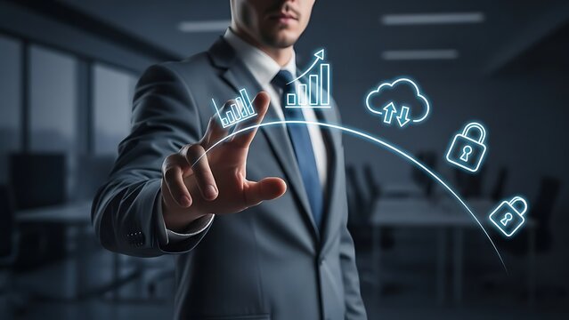 Businessman touching virtual screen with data, cloud computing, and security icons.