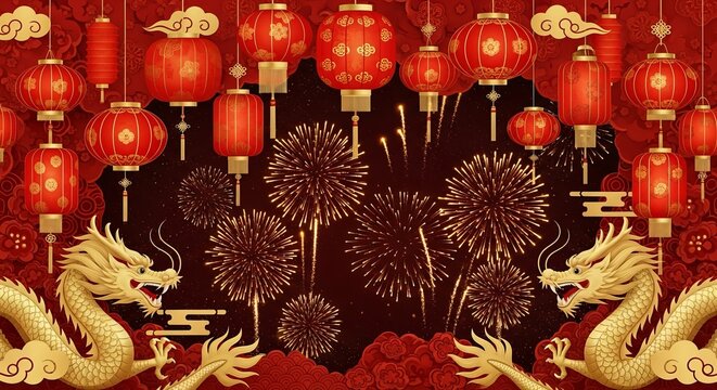 Vibrant chinese new year celebration with golden dragons, red lanterns, and fireworks