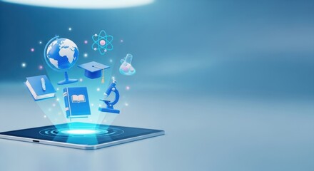 Tablet with education icons floating above, representing online learning and knowledge access.