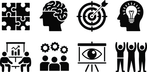 Essential business strategy and team collaboration icons showing problem solving and success goals