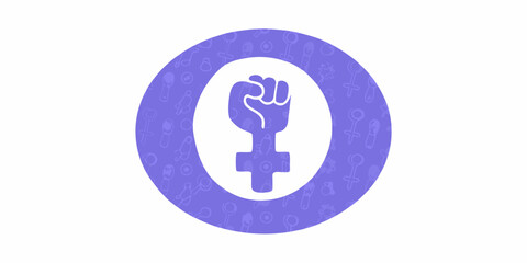 Feminist symbol with raised fist in a circle pattern background