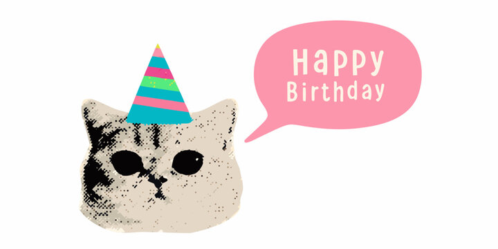 Cute cat wearing party hat with happy birthday bubble speech