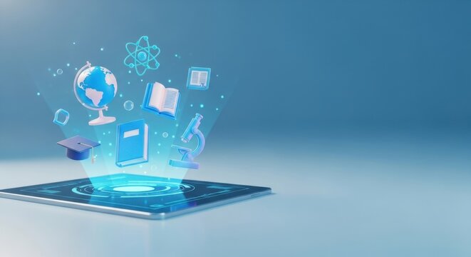 Tablet with hologram of study icons, including globe, books, atom, and graduation cap.