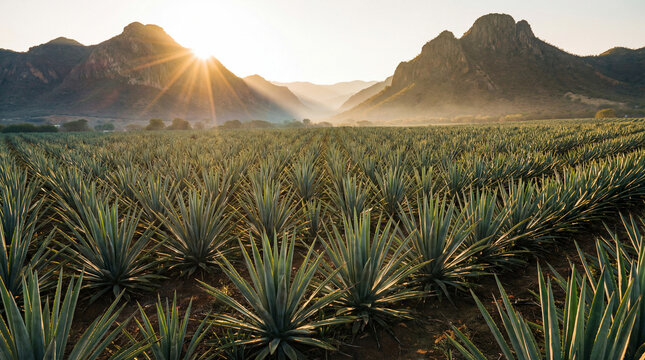An expansive agave plantation at sunrise, with long rows of agave plants illuminated by warm sun rays. Mountains in the background, soft morning haze and natural rural scenery, showing detailed textur