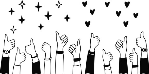 Raising hands with thumb up  white background. Positive reaction for social media post, live stream, book, online shopping experience vector and illustration