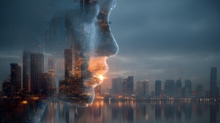 Digital face profile overlaying city skyline at dusk with water reflections and cloudy sky above