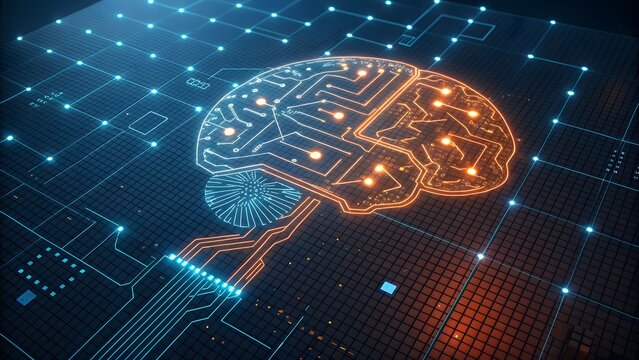 Digital brain with circuit board pattern, symbolizing artificial intelligence, machine learning, and advanced technology for future innovations