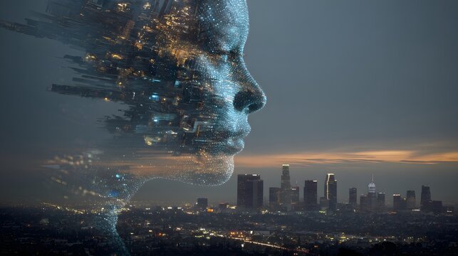 A digital face overlayed on a cityscape at dusk with a cloudy sky and city lights shining below