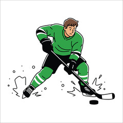 Fototapeta premium Hockey player in green uniform playing with stick and puck Keywords: hockey, player, ice hockey