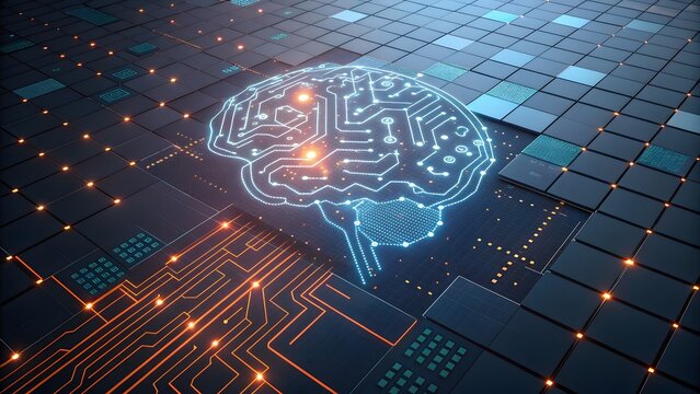 Futuristic digital brain with glowing circuit patterns, representing artificial intelligence, machine learning, and the interconnectedness of technology