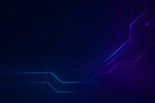 Futuristic tech background with glowing neon lines in blue and purple on a dark grid surface. Modern digital design suitable for presentations, technology themes, interfaces, and innovation projects.