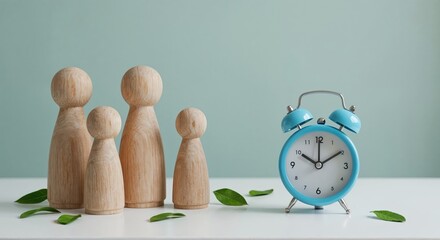 Family Time Management: A serene tableau featuring wooden family figures next to a vintage alarm clock. Emphasizing the importance of cherishing moments and the value of time.