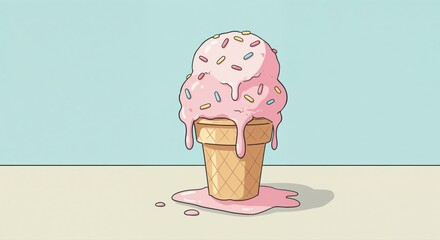 Sweet Delight: A single scoop of ice cream on a cone, captured in a colorful illustration, melting with irresistible appeal, offers a moment of pure indulgence and summery pleasure.