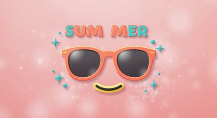 Summer Vibes: 3D illustration of Summer text and sunglasses on a vibrant backdrop evoking the spirit of summer fun and relaxation, inviting a sense of warmth and enjoyment.