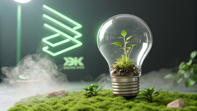 A light bulb with a plant growing inside, symbolizing green energy and sustainability, with moss and a green logo in the background - Powered by Adobe