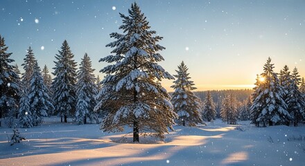 Snowcovered pine trees in a winter forest with falling snow and a warm sunset