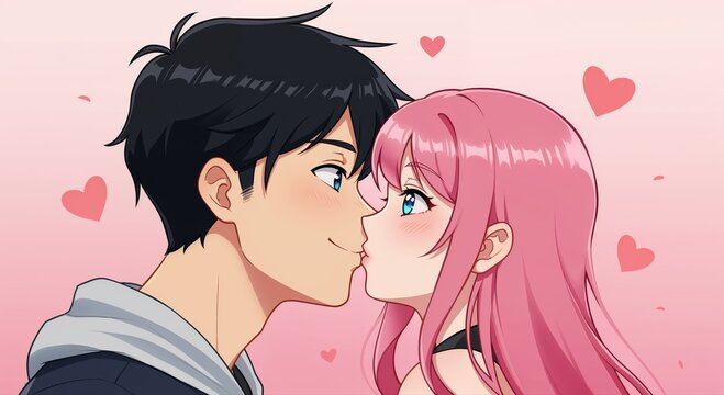 Love's Tender Kiss: A close-up illustration of a tender moment between a couple, their faces inches apart as they prepare to share a kiss, surrounded by soft, romantic hearts.