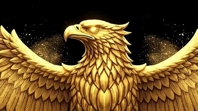 Golden eagle spreading wings majestically against black backdrop, evoking power and freedom in this dynamic video preview