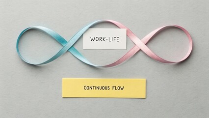 Creative Concept of Work-Life Balance Represented by Ribbons and Text Illustrating Continuous Flow in Modern Life