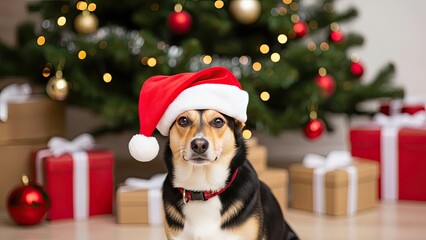 Festive dog in Santa hat celebrates Christmas under twinkling tree with presents creating heartwarming holiday memories, ideal for seasonal greetings and pet-themed promotions