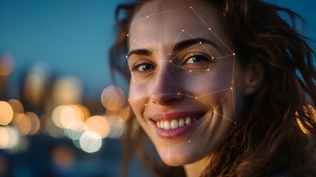 Close up of a smiling woman with facial recognition technology overlayed over her face at night
