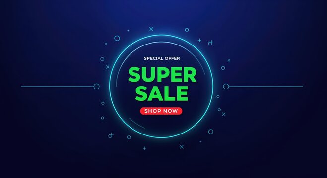 Super Sale: A dynamic and eye-catching advertisement, showcasing a vibrant SUPER SALE offer, encircled by a neon glow against a striking blue background.