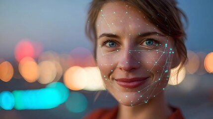 A woman with facial recognition technology overlayed on her face smiling with bokeh lights behind her