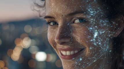 Close up of a smiling woman with a digital network overlay and blurred city lights in the background