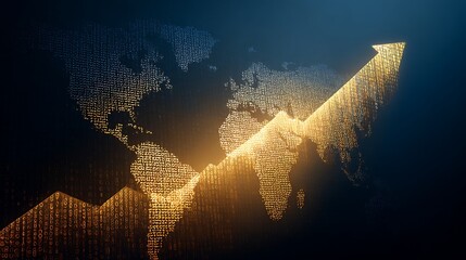 global economy growth arrow rising over world map, corporate luxury style, blue gold gradient, clean lines, glowing data grid, minimal futuristic finance aesthetic