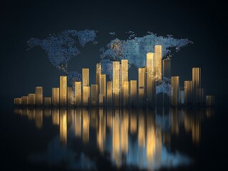 global GDP bar chart over transparent world map, macroeconomic data, corporate clean style