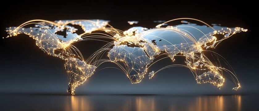 global supply chain network nodes connected across world map, neon lines, logistics flow,