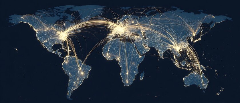 global supply chain network nodes connected across world map, neon lines, logistics flow,