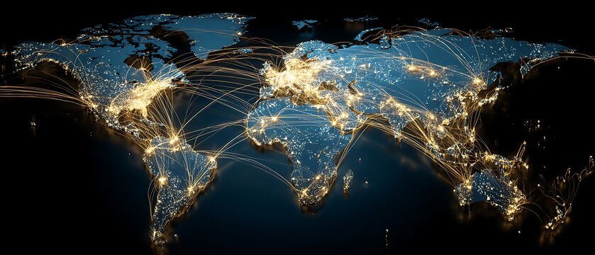 global supply chain network nodes connected across world map, neon lines, logistics flow,