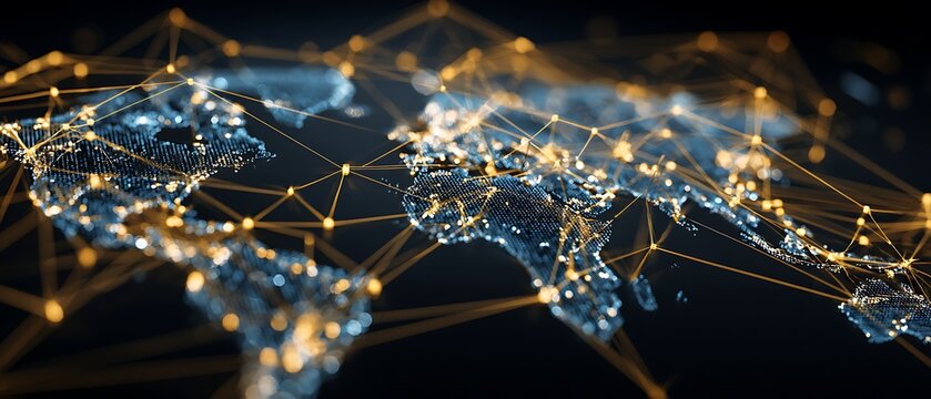 global supply chain network nodes connected across world map, neon lines, logistics flow, - Powered by Adobe