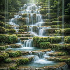 An enchanted waterfall cascading in multicolored streams, surrounded by moss-covered stones that emit soft light.