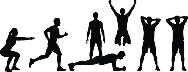 Fitness training silhouette collection, men and women workout poses, running jumping and plank exercises, cad drawing flat vector illustration