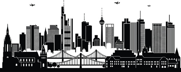 Obraz premium Frankfurt city skyline silhouette with skyscrapers and bridge, urban panorama with airplanes, cad drawing flat vector illustration