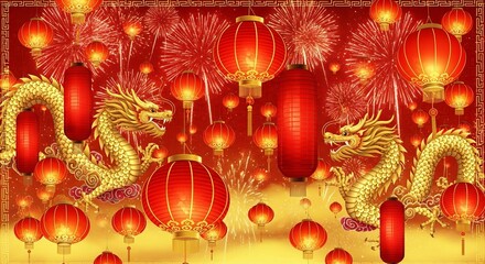 Fototapeta premium Vibrant chinese new year celebration with red lanterns, golden dragons, and fireworks