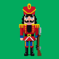 Pixel art illustration of a traditional nutcracker soldier in a red uniform holding a rifle on a solid green background, featuring a tall hat and mustache.